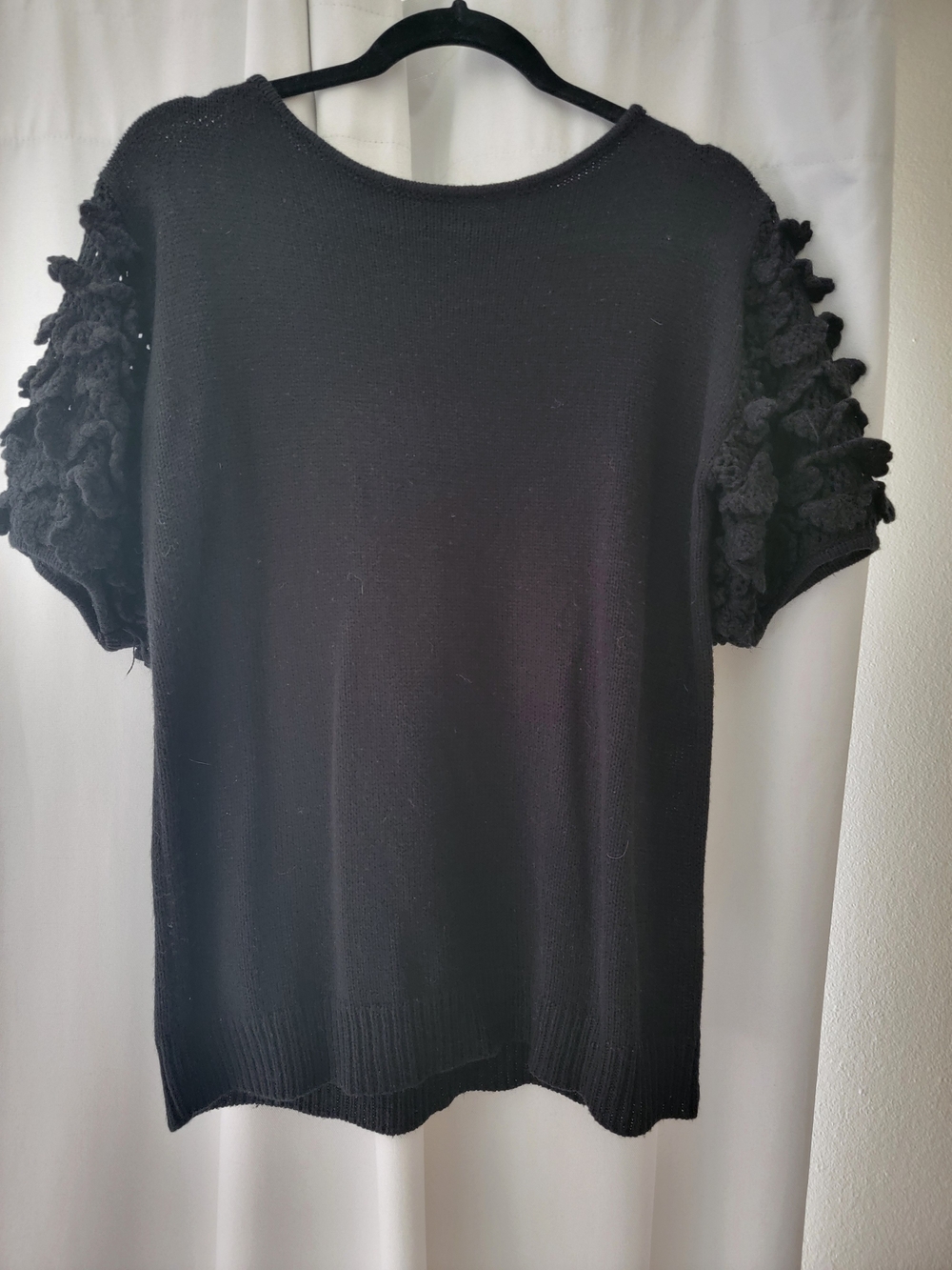 Vine & Love Black Knit Sweater with Textured Puff Short Sleeves